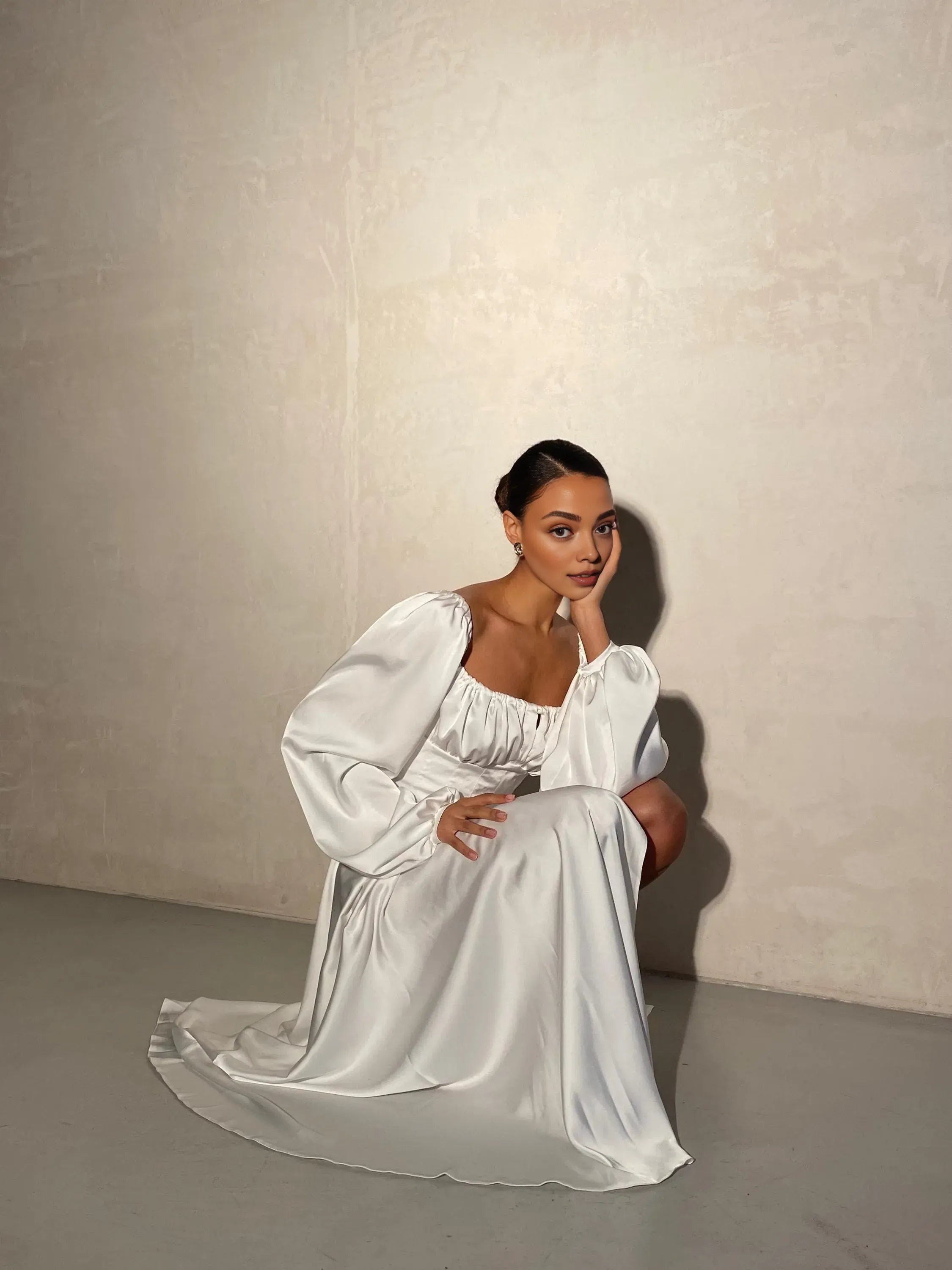 A-Line Square Neck Long Sleeve Backless Floor-Length Wedding Dress