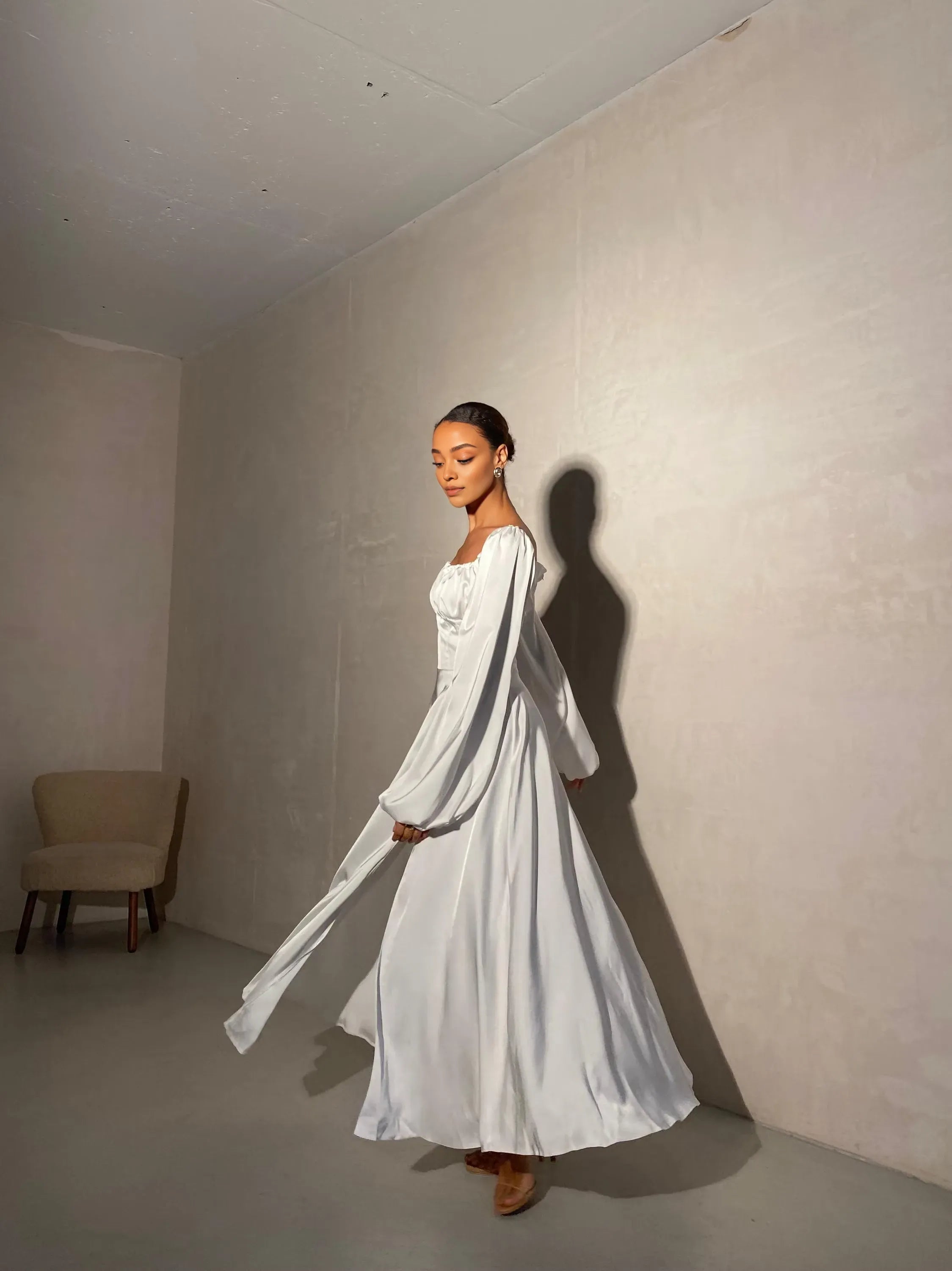 A-Line Square Neck Long Sleeve Backless Floor-Length Wedding Dress