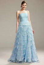 A-Line Straight Neck Sleeveless Ruffle Floor Length Prom Dress