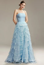 A-Line Straight Neck Sleeveless Ruffle Floor Length Prom Dress