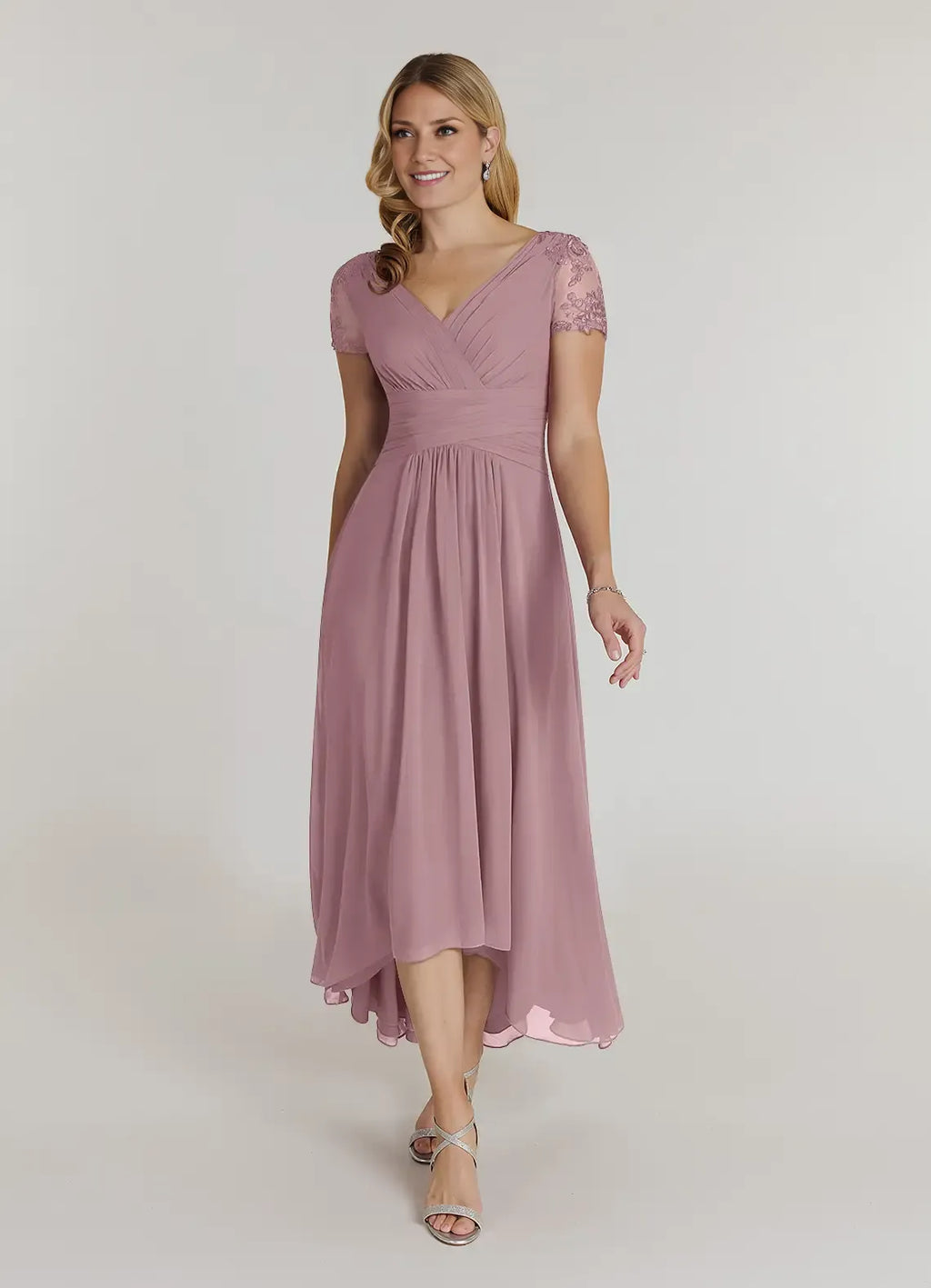 A-Line V-Neck Short Sleeves Back Zip Asymmetrical-Length Mother of the Bride Dress