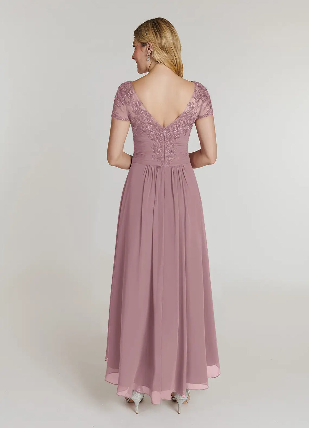 A-Line V-Neck Short Sleeves Back Zip Asymmetrical-Length Mother of the Bride Dress