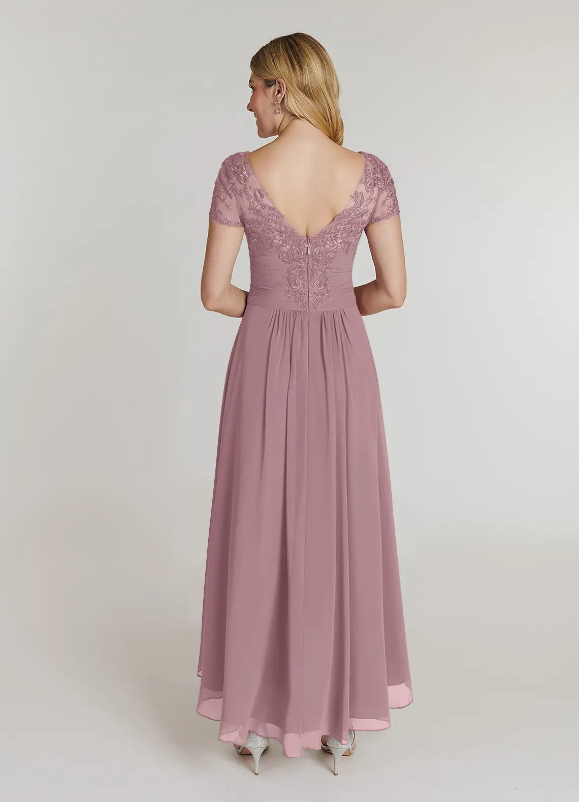 A-Line V-Neck Short Sleeves Back Zip Asymmetrical-Length Mother of the Bride Dress
