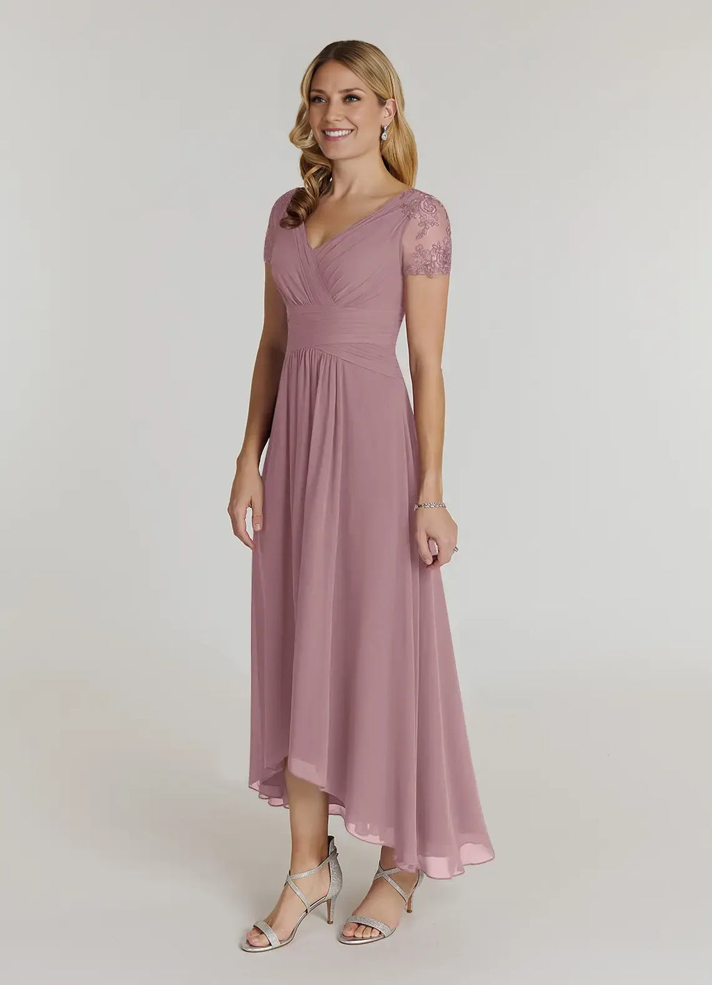 A-Line V-Neck Short Sleeves Back Zip Asymmetrical-Length Mother of the Bride Dress