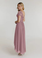 A-Line V-Neck Short Sleeves Back Zip Asymmetrical-Length Mother of the Bride Dress