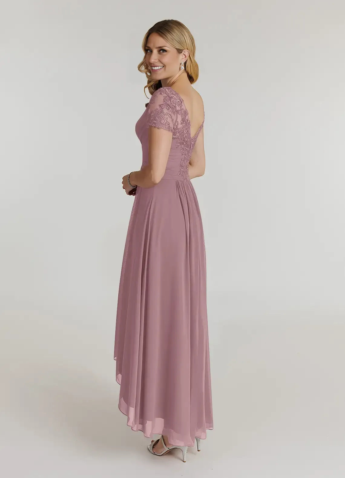 A-Line V-Neck Short Sleeves Back Zip Asymmetrical-Length Mother of the Bride Dress