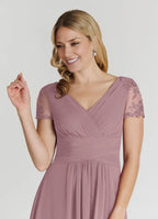 A-Line V-Neck Short Sleeves Back Zip Asymmetrical-Length Mother of the Bride Dress
