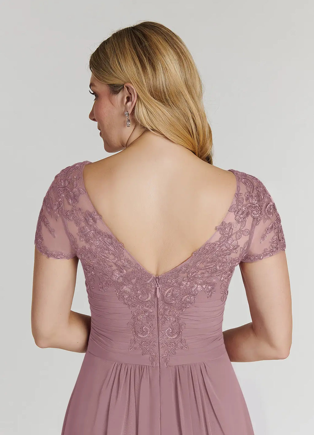 A-Line V-Neck Short Sleeves Back Zip Asymmetrical-Length Mother of the Bride Dress
