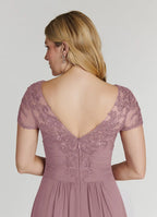 A-Line V-Neck Short Sleeves Back Zip Asymmetrical-Length Mother of the Bride Dress