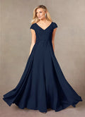 A-Line V Neck Cap Sleeve Back Zip Floor-Length Mother of the Bride Dress