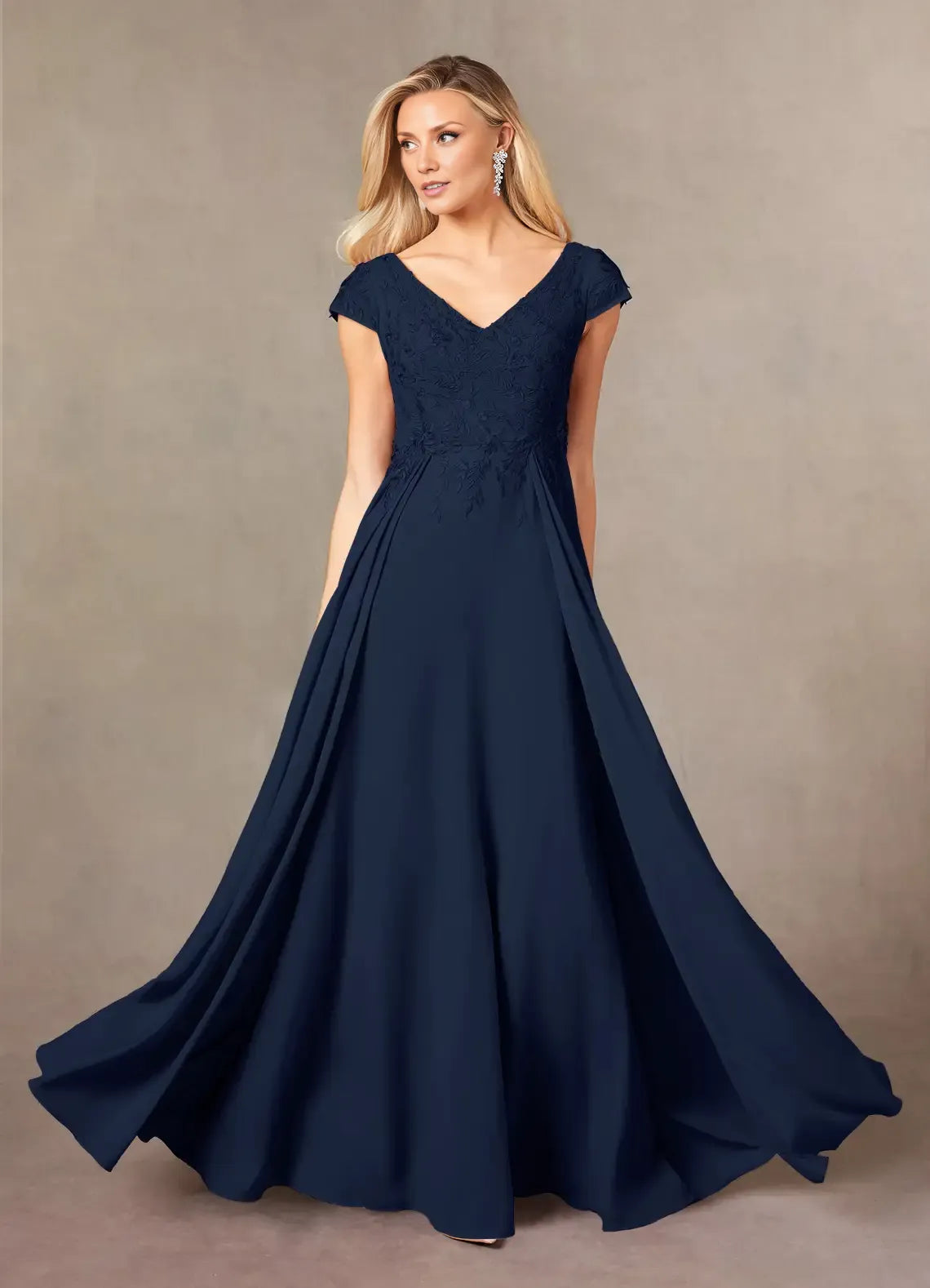 A-Line V Neck Cap Sleeve Back Zip Floor-Length Mother of the Bride Dress