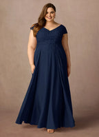 A-Line V Neck Cap Sleeve Back Zip Floor-Length Plus Size Mother of the Bride Dress