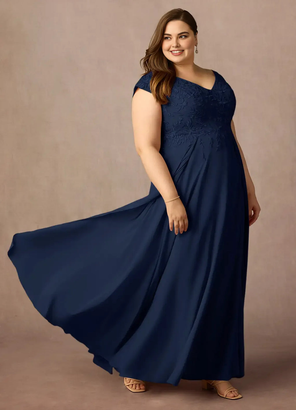 A-Line V Neck Cap Sleeve Back Zip Floor-Length Plus Size Mother of the Bride Dress