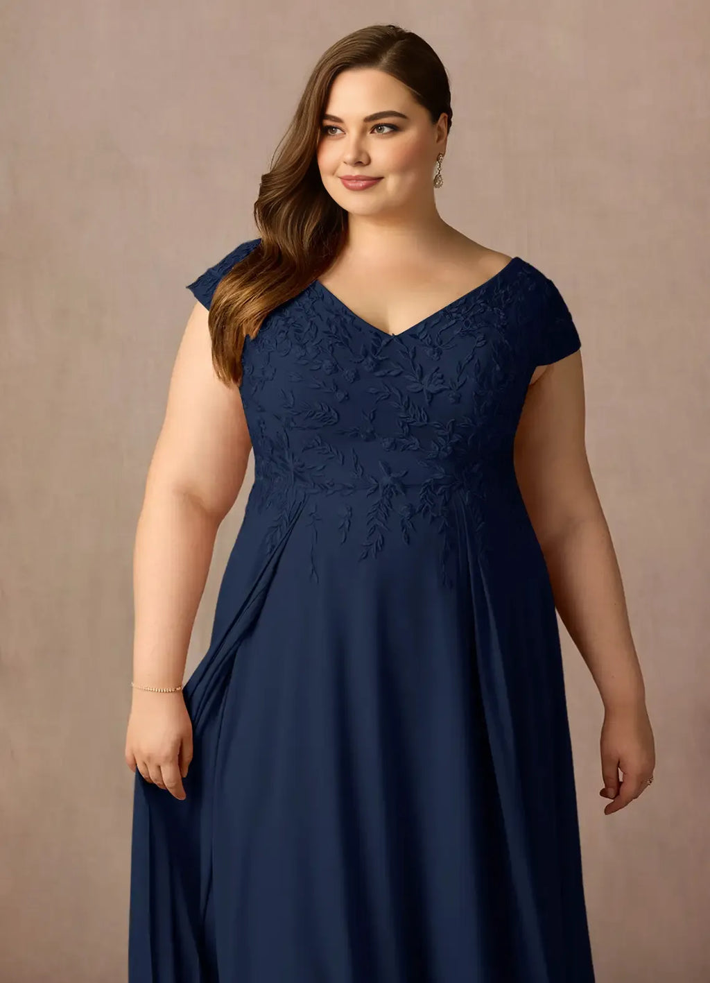 A-Line V Neck Cap Sleeve Back Zip Floor-Length Plus Size Mother of the Bride Dress