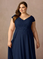 A-Line V Neck Cap Sleeve Back Zip Floor-Length Plus Size Mother of the Bride Dress