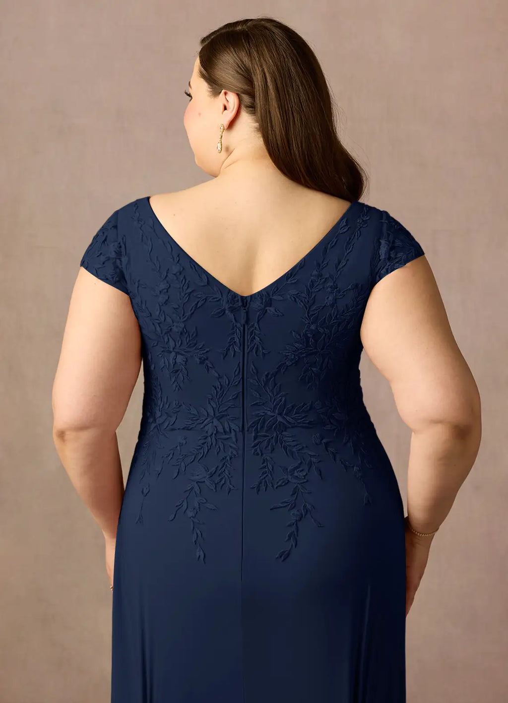 A-Line V Neck Cap Sleeve Back Zip Floor-Length Plus Size Mother of the Bride Dress