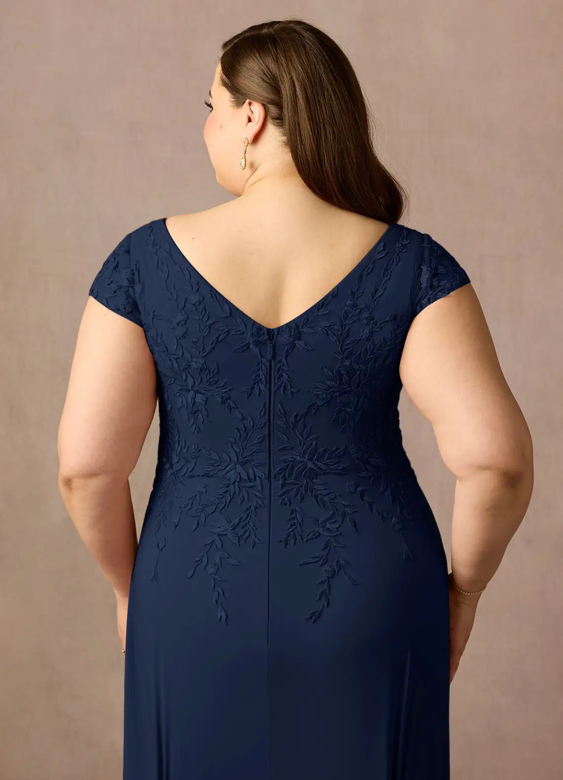 A-Line V Neck Cap Sleeve Back Zip Floor-Length Plus Size Mother of the Bride Dress