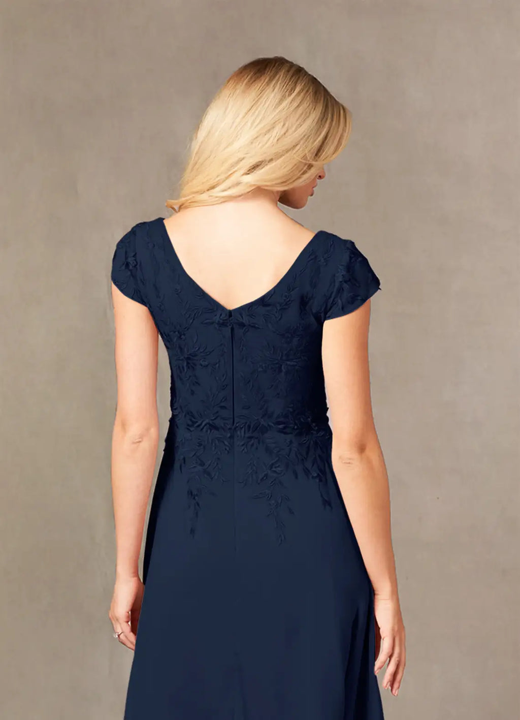A-Line V Neck Cap Sleeve Back Zip Floor-Length Mother of the Bride Dress