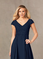 A-Line V Neck Cap Sleeve Back Zip Floor-Length Mother of the Bride Dress