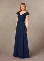 A-Line V Neck Cap Sleeve Back Zip Floor-Length Mother of the Bride Dress