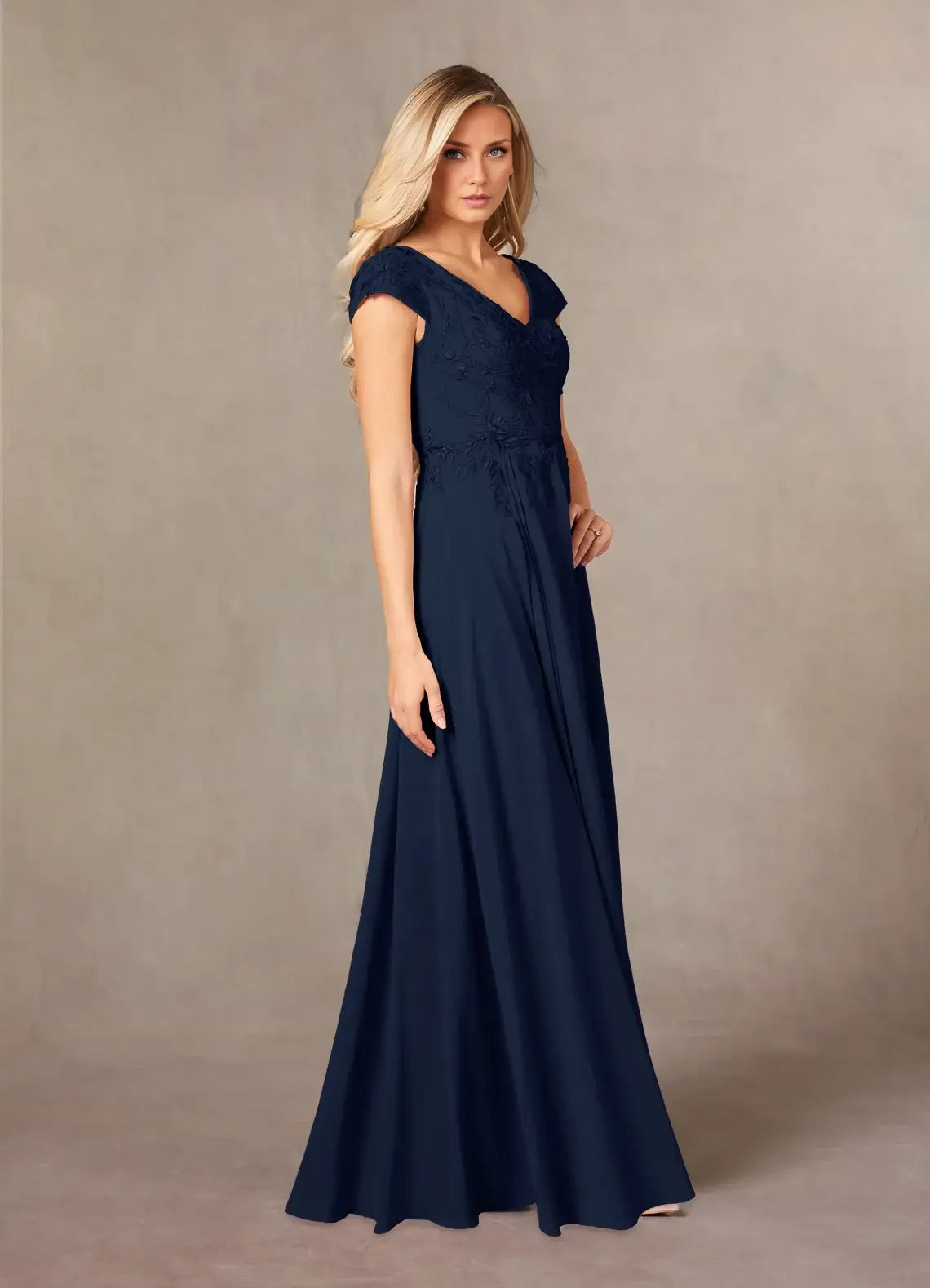 A-Line V Neck Cap Sleeve Back Zip Floor-Length Mother of the Bride Dress