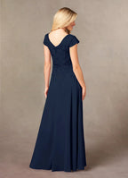 A-Line V Neck Cap Sleeve Back Zip Floor-Length Mother of the Bride Dress