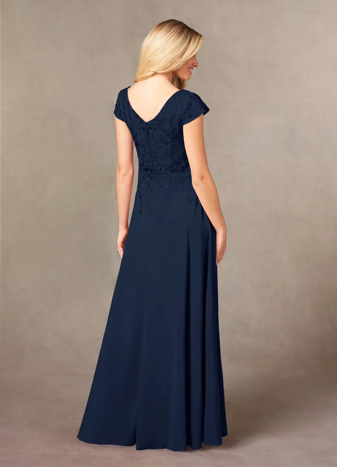 A-Line V Neck Cap Sleeve Back Zip Floor-Length Mother of the Bride Dress