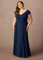 A-Line V Neck Cap Sleeve Back Zip Floor-Length Plus Size Mother of the Bride Dress