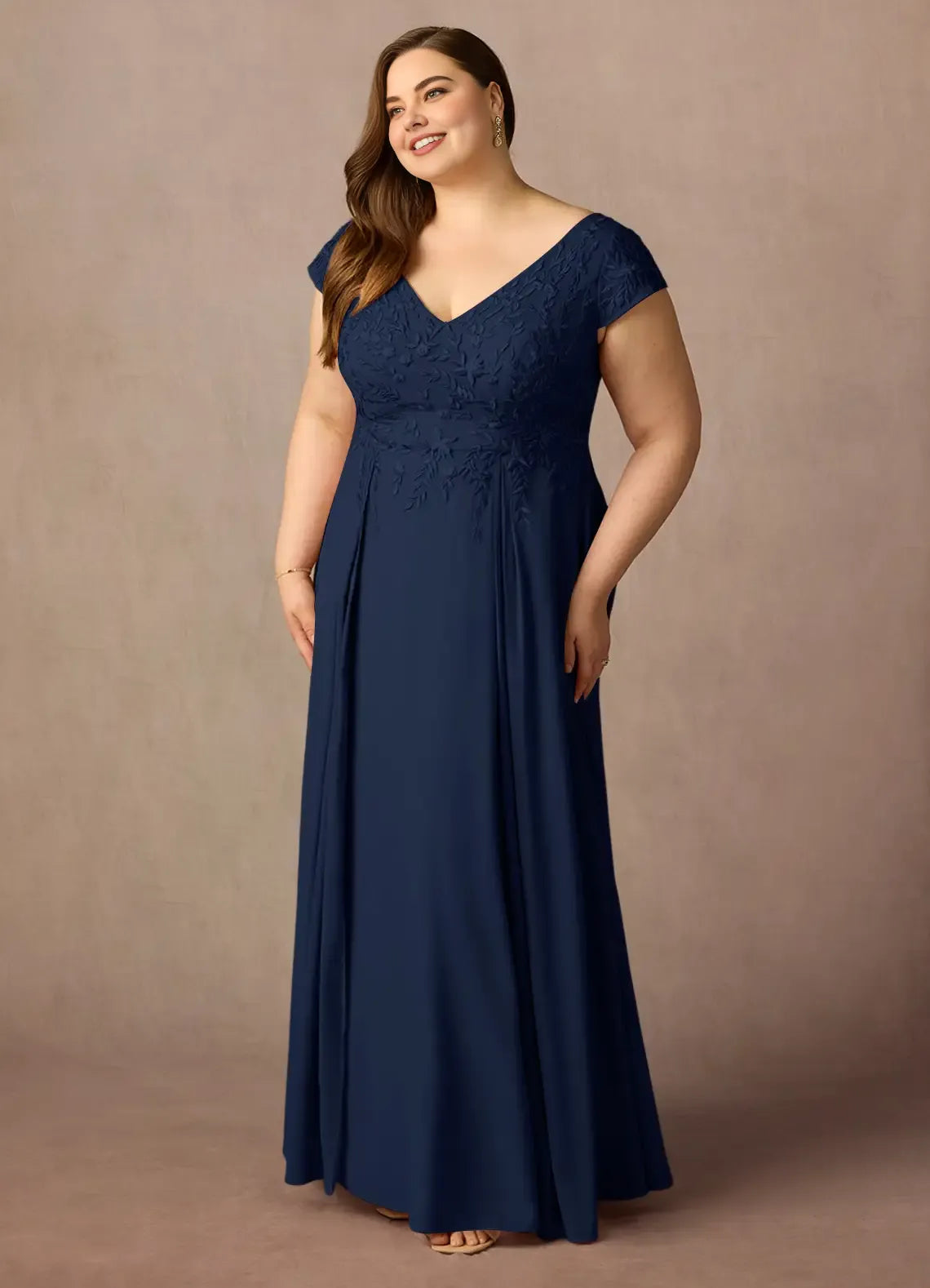 A-Line V Neck Cap Sleeve Back Zip Floor-Length Plus Size Mother of the Bride Dress