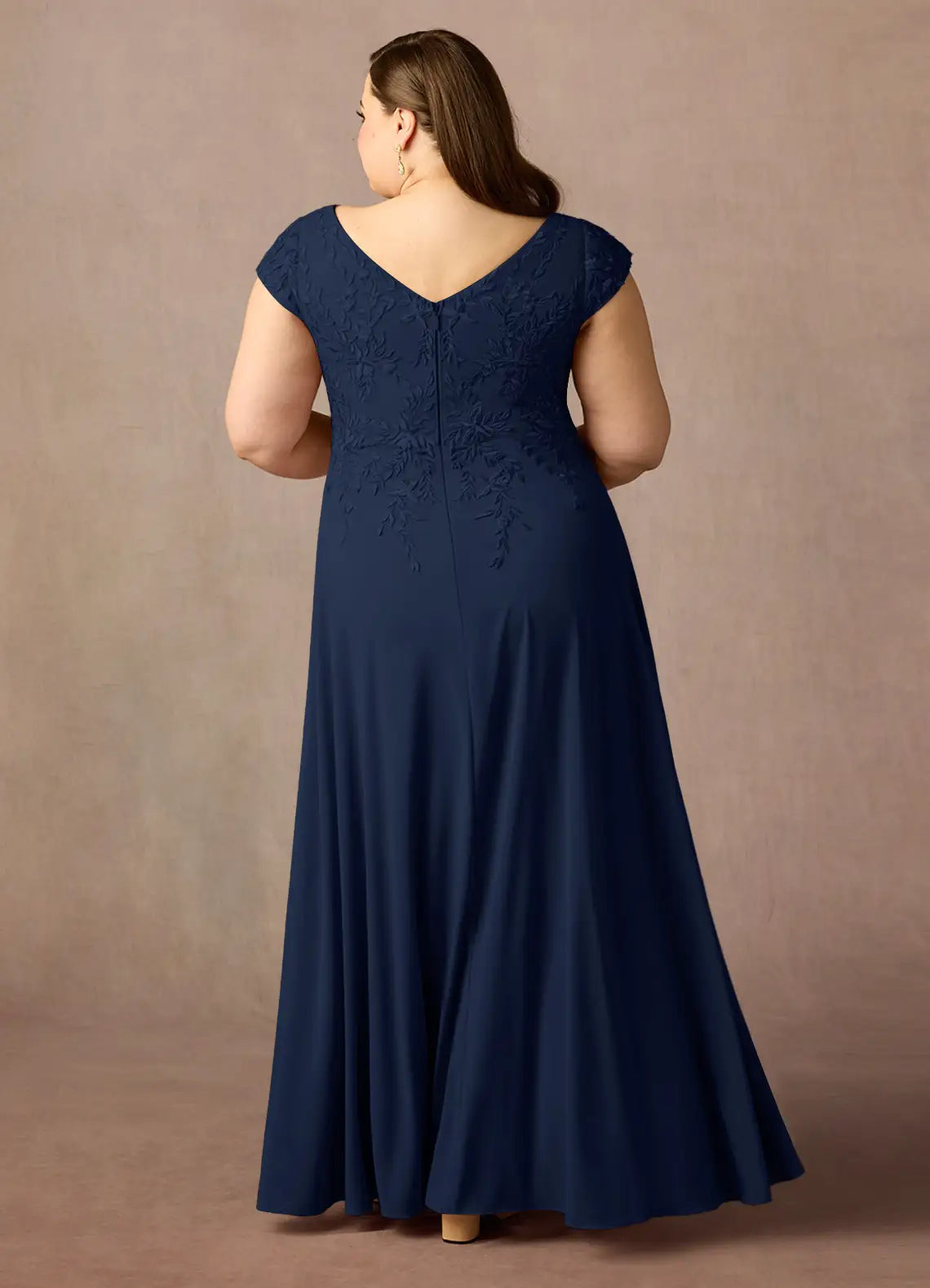 A-Line V Neck Cap Sleeve Back Zip Floor-Length Plus Size Mother of the Bride Dress
