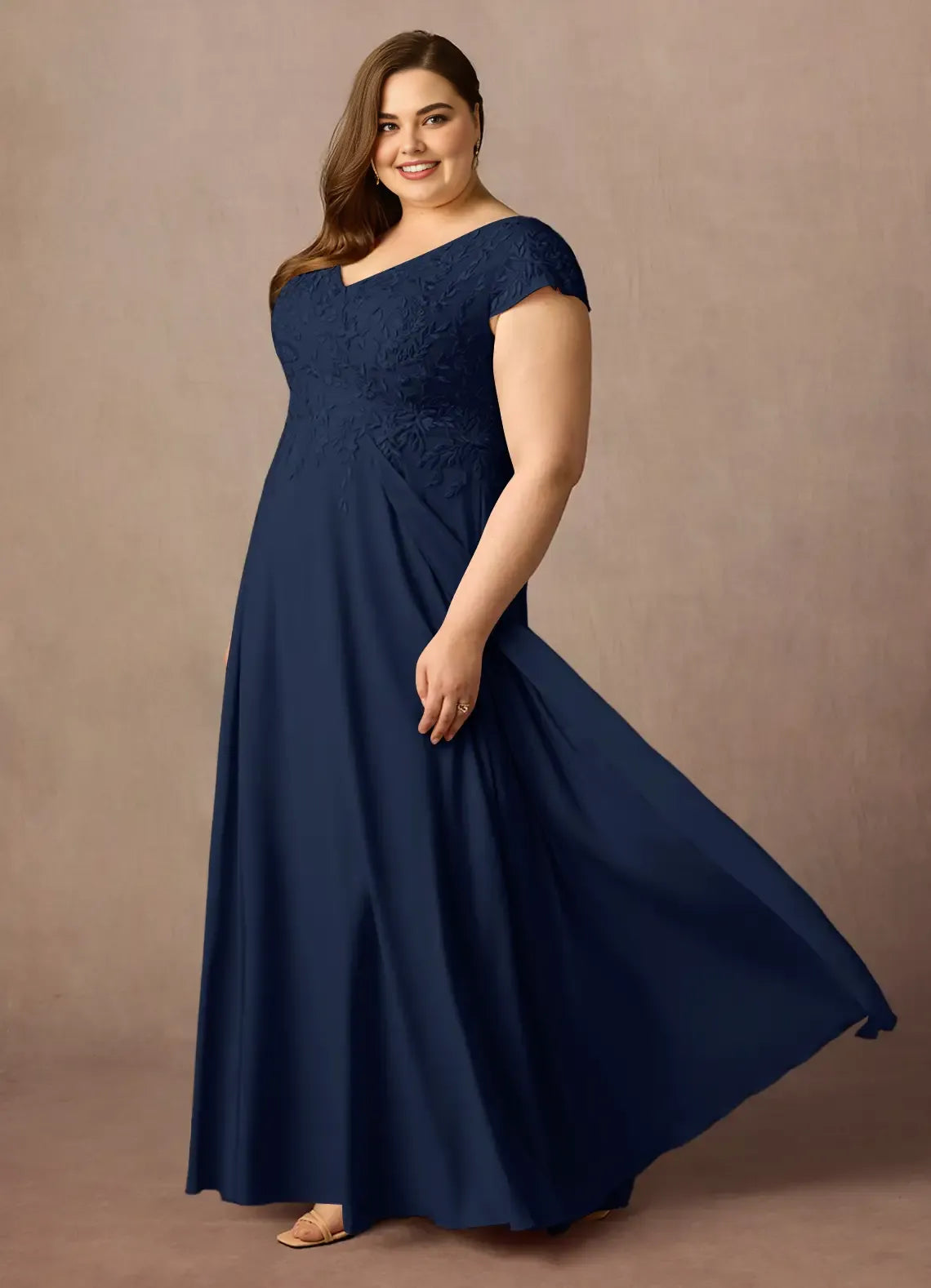 A-Line V Neck Cap Sleeve Back Zip Floor-Length Plus Size Mother of the Bride Dress