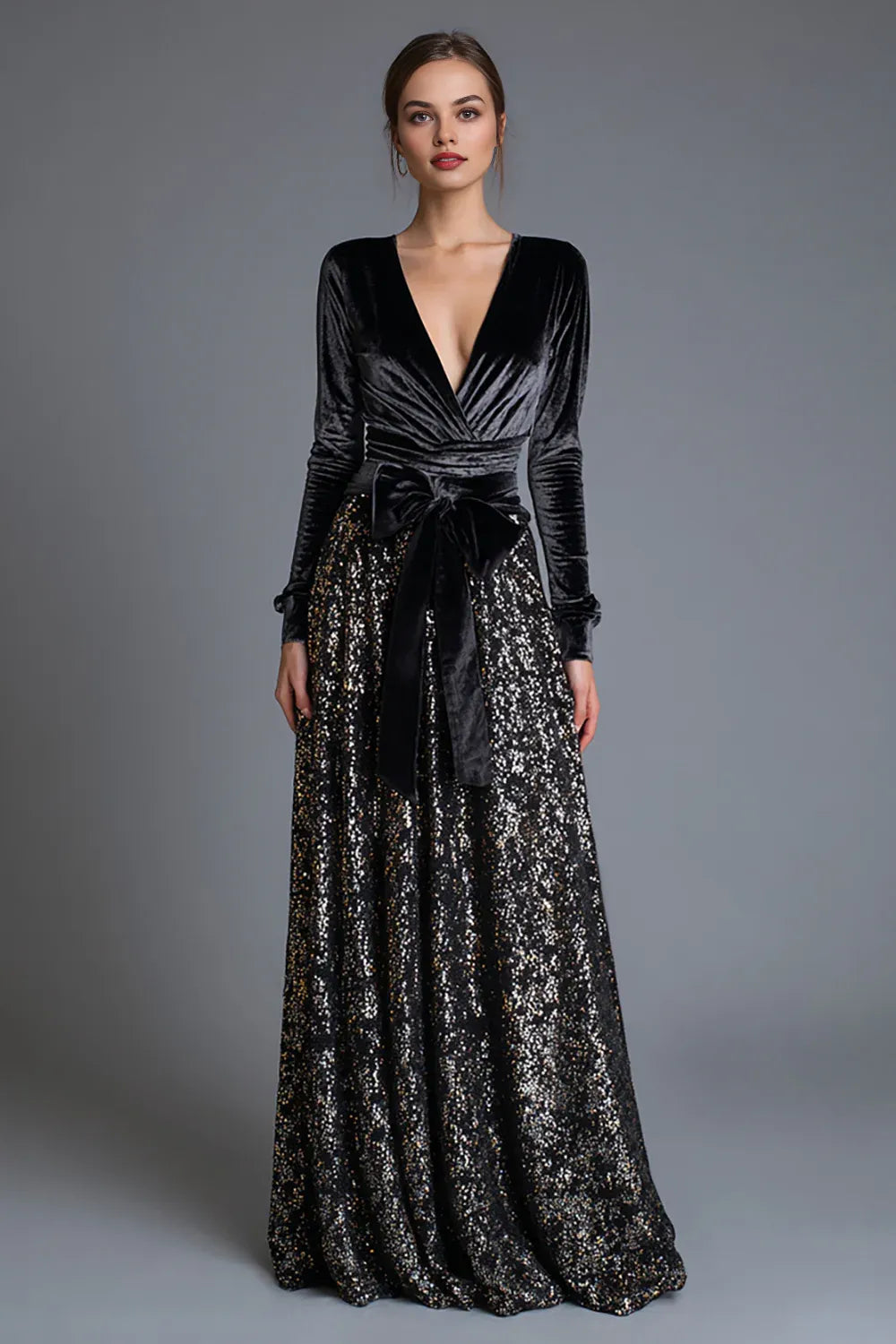 A-Line V Neck Long Sleeve Sequins Floor-Length Prom Dress