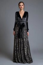 A-Line V Neck Long Sleeve Sequins Floor-Length Prom Dress