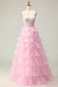 A Line Corset Sleeveless Tiered Floor-Length Prom Dress