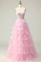 A Line Corset Sleeveless Tiered Floor-Length Prom Dress