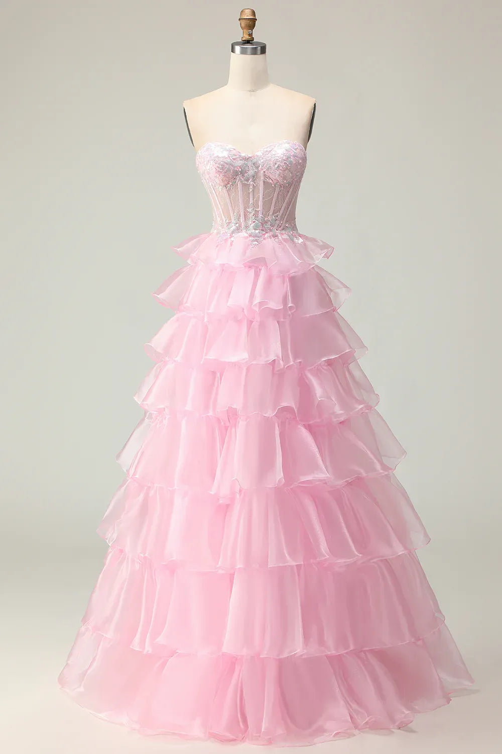 A Line Corset Sleeveless Tiered Floor-Length Prom Dress