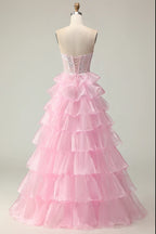 A Line Corset Sleeveless Tiered Floor-Length Prom Dress