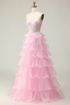 A Line Corset Sleeveless Tiered Floor-Length Prom Dress