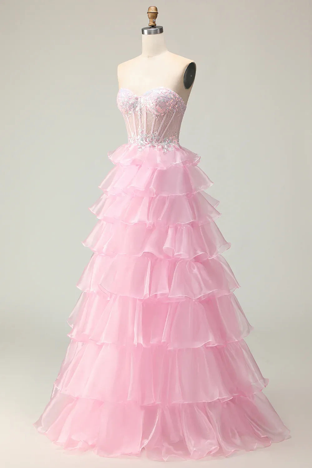 A Line Corset Sleeveless Tiered Floor-Length Prom Dress