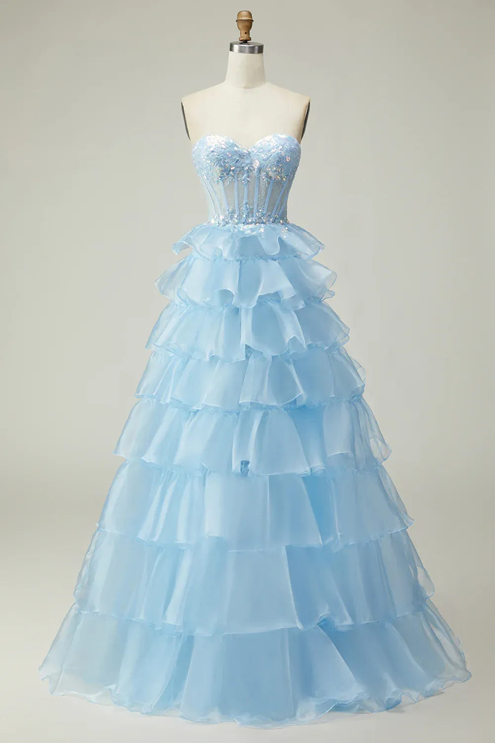 A Line Corset Sleeveless Tiered Floor-Length Prom Dress