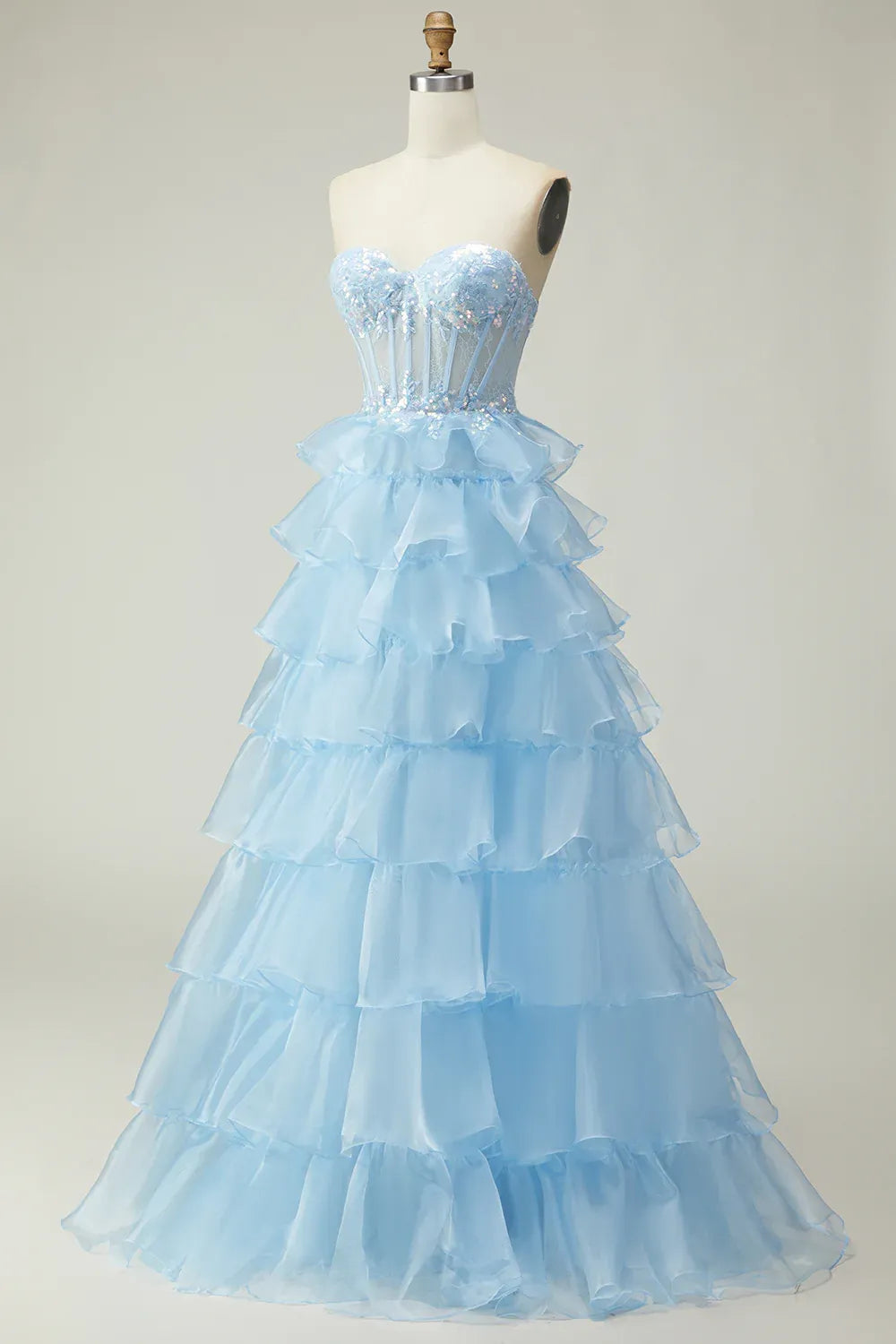 A Line Corset Sleeveless Tiered Floor-Length Prom Dress