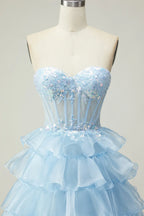 A Line Corset Sleeveless Tiered Floor-Length Prom Dress
