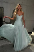 A Line Off the Shoulder Sleeveless Pleated Floor-Length Prom Dress