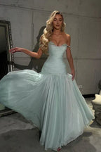 A Line Off the Shoulder Sleeveless Pleated Floor-Length Prom Dress