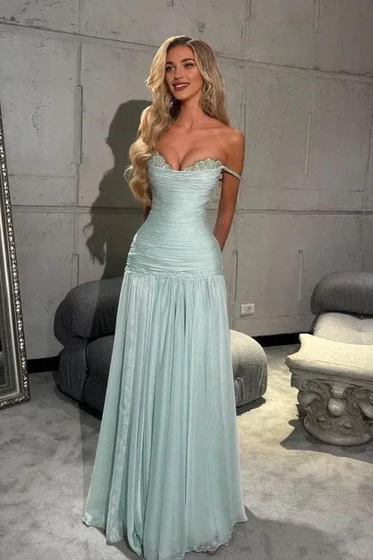 A Line Off the Shoulder Sleeveless Pleated Floor-Length Prom Dress