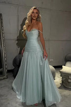A Line Off the Shoulder Sleeveless Pleated Floor-Length Prom Dress