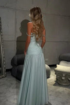 A Line Off the Shoulder Sleeveless Pleated Floor-Length Prom Dress