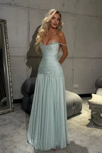 A Line Off the Shoulder Sleeveless Pleated Floor-Length Prom Dress