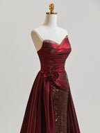Gorgeous Prom Dress Burgundy A Line Strapless With Ruched Satin Sequins And Train For Teens