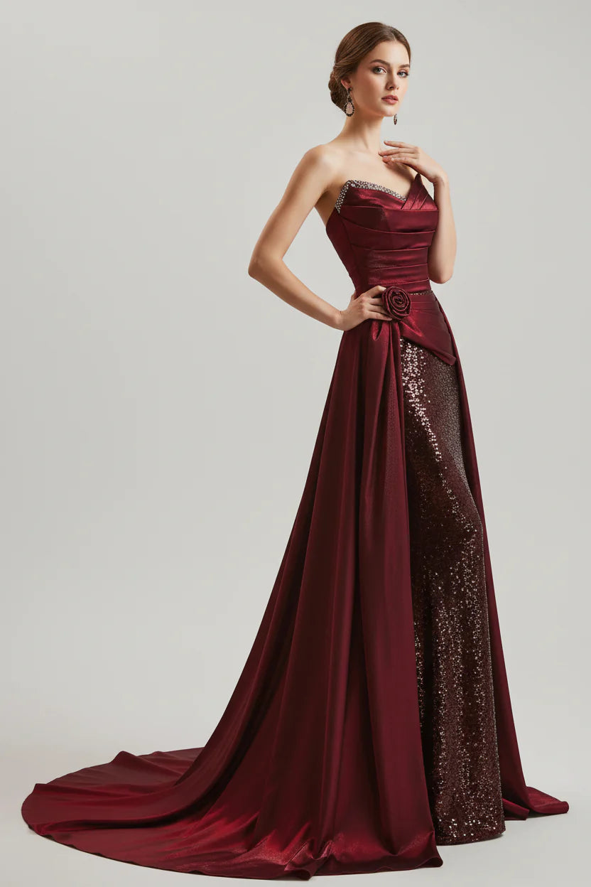 Gorgeous Prom Dress Burgundy A Line Strapless With Ruched Satin Sequins And Train For Teens